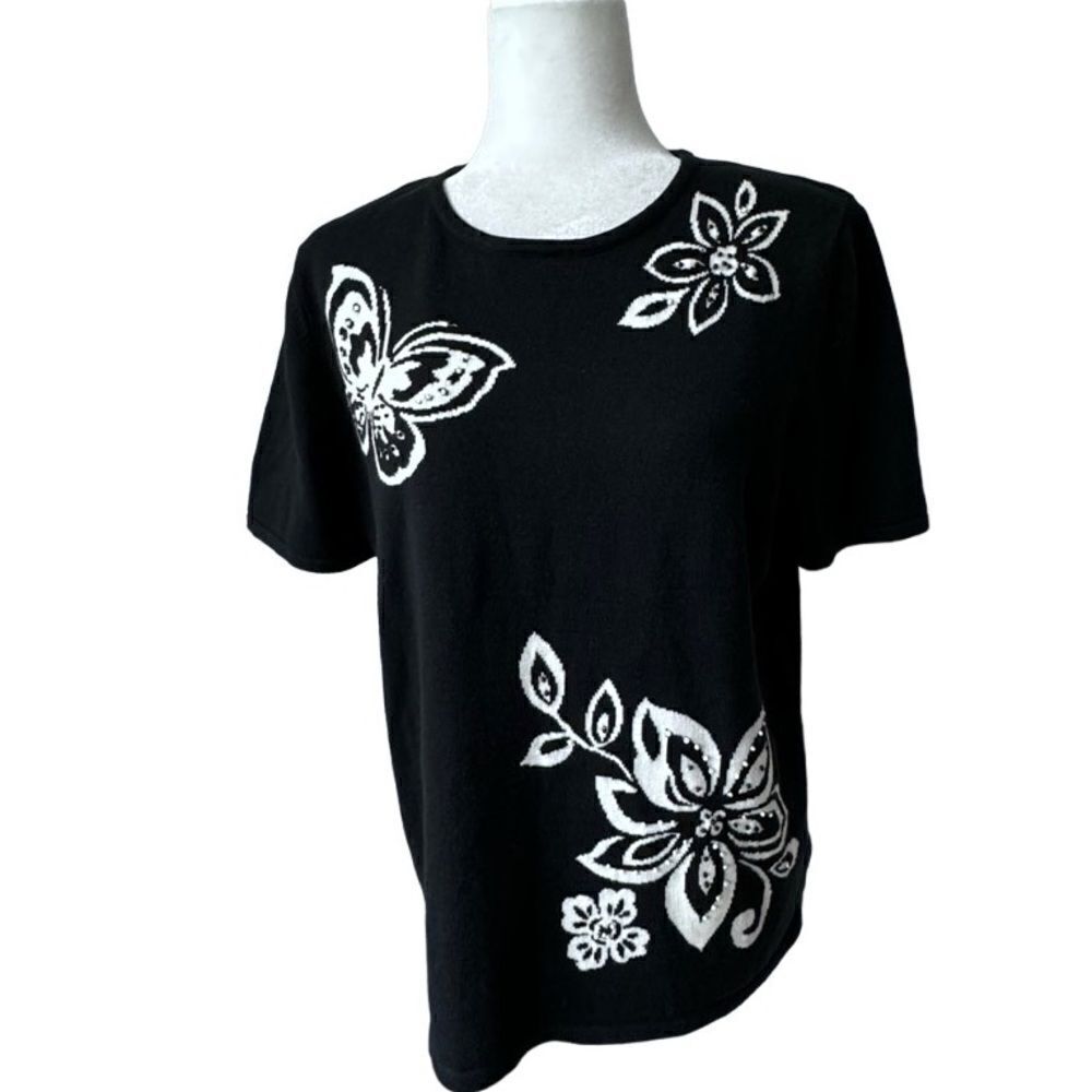 Alfred Dunner Black Top Butterfly Floral Beaded Short Sleeve Shirt SZ S
